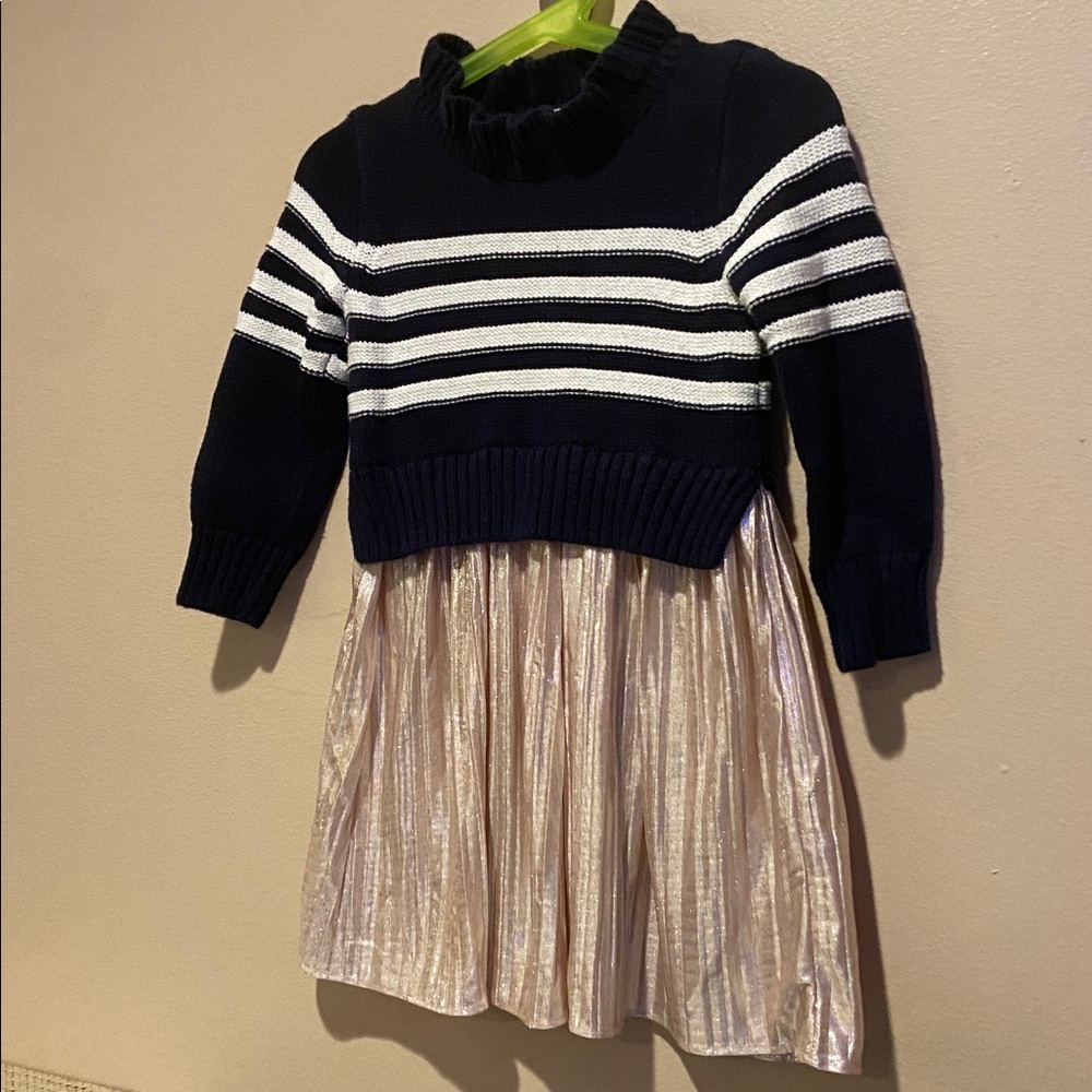 Crewcuts Girls 2T Navy & White Striped Sweater Dress with Shimmery Pleated Skirt - Picture 6 of 7